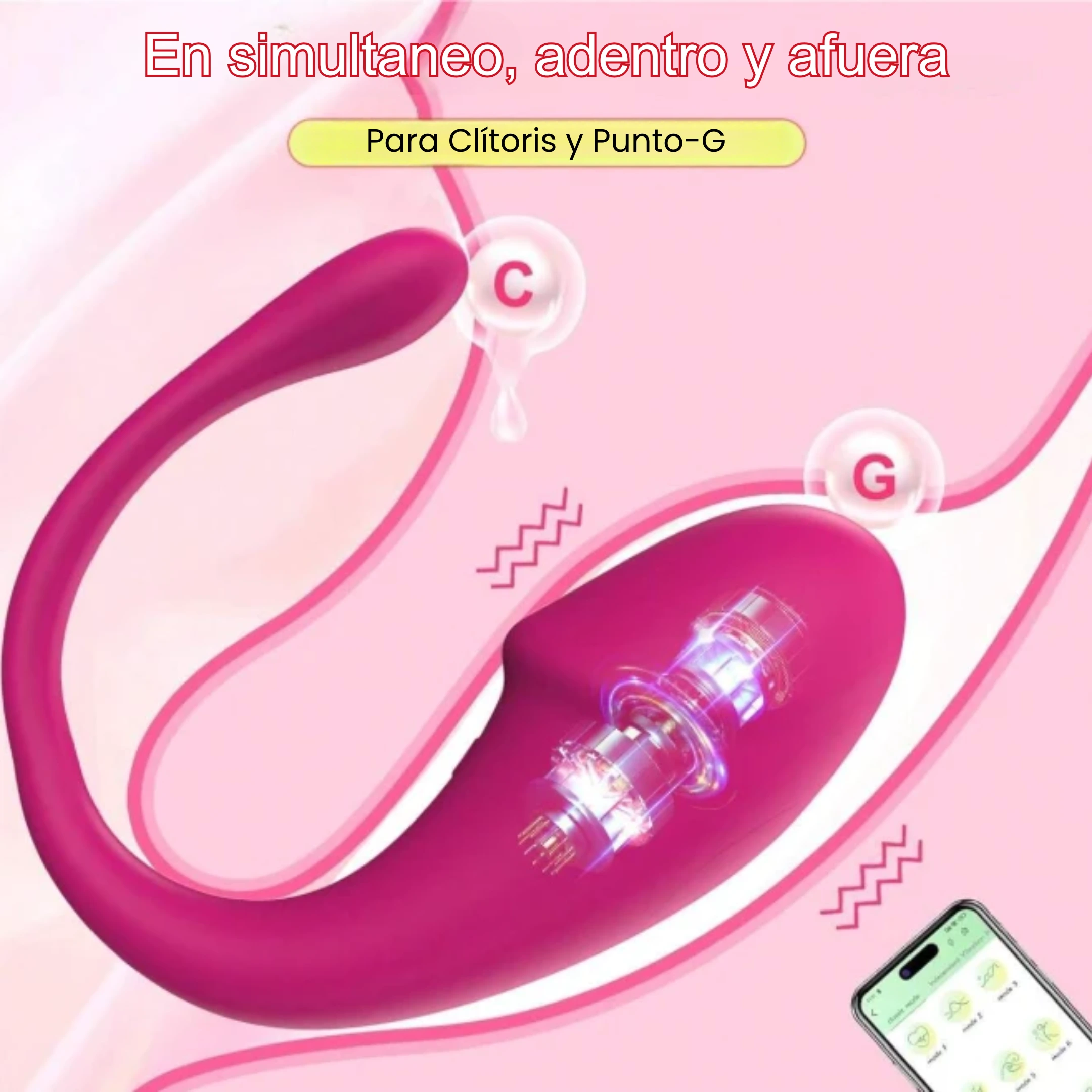 Potente vibrador para punto G y con una extensión para clítoris, controlado por Teléfono y a prueba de agua