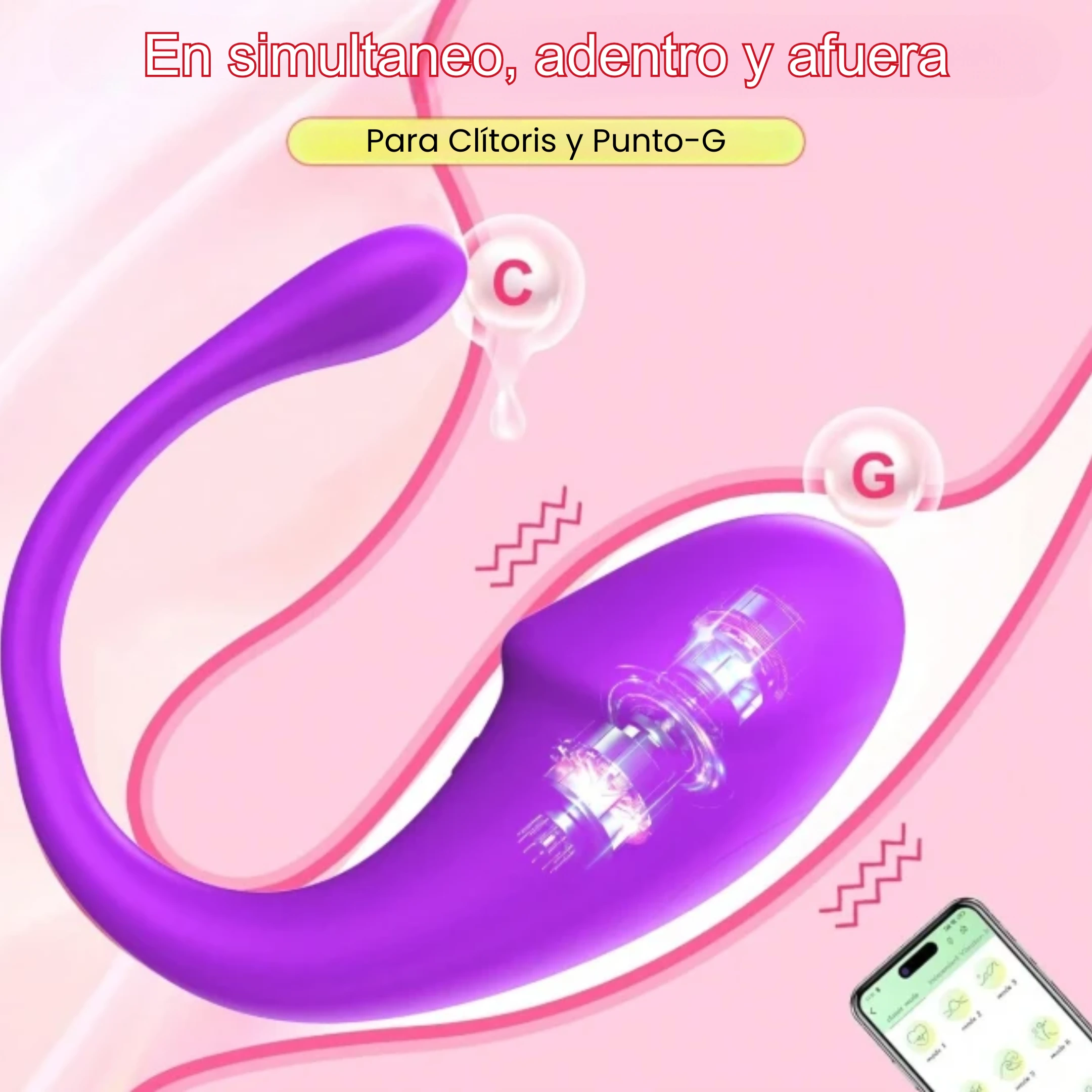 Potente vibrador para punto G y con una extensión para clítoris, controlado por Teléfono y a prueba de agua