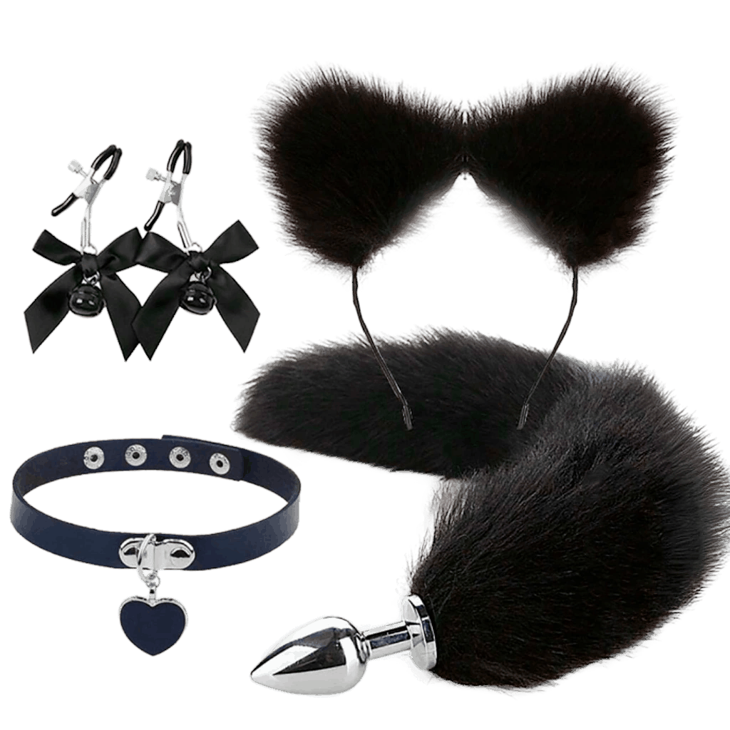 Cola de zorro de 40 cm con plug de acero. Pinzas metalicas para pezones con lazo, Diadema con orejas de peluche. Gargantilla Bdsm con colgante de corazón.